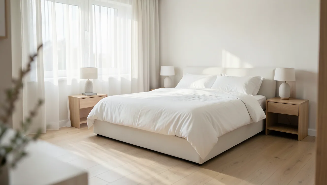 Calm modern bedroom with white linen bedding and soft morning light.