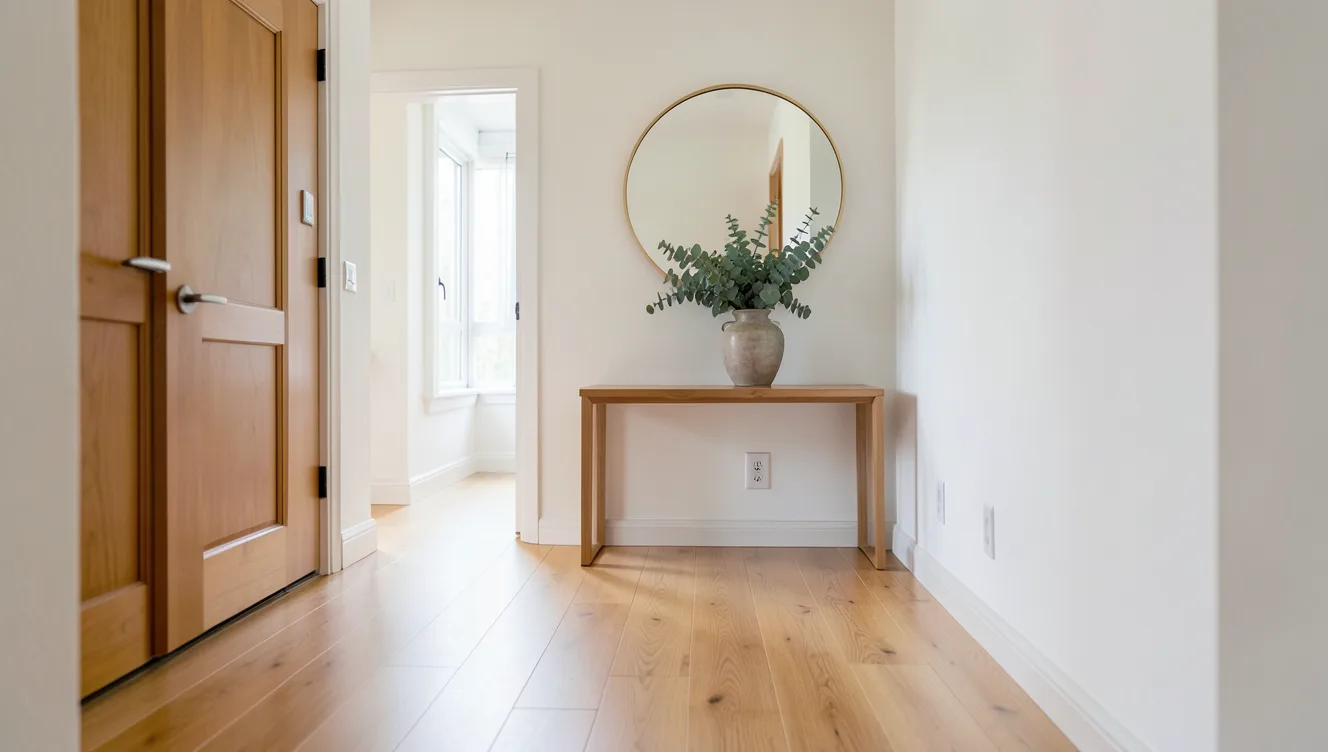 Bright entry hall with a console table, round mirror, and polished floor.