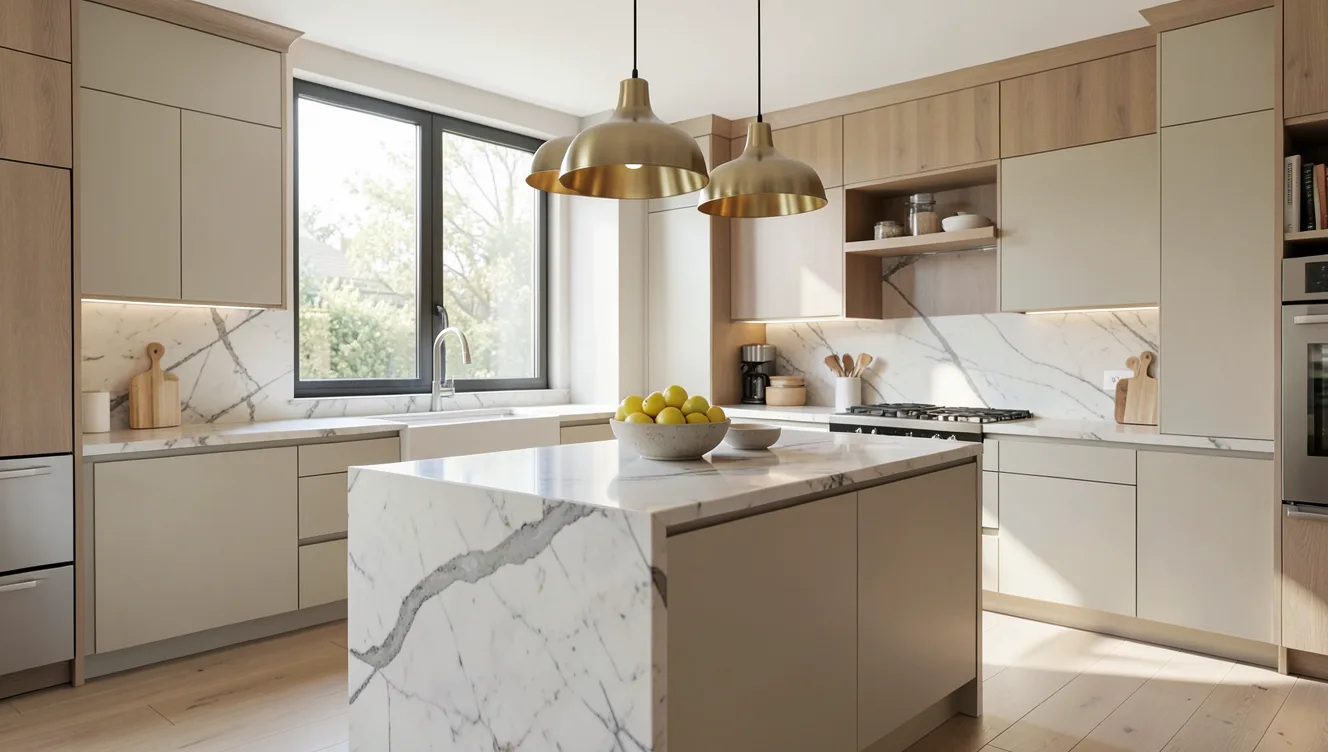 Modern kitchen with a marble island, pale cabinetry, and pendant lights in bright daylight.