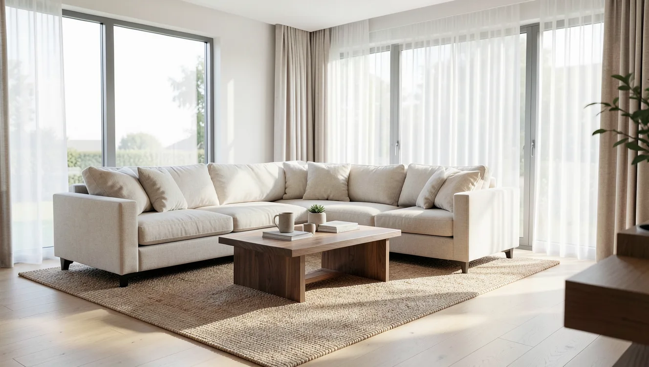 Sunlit living room with a light sectional sofa, wood coffee table, and large windows.