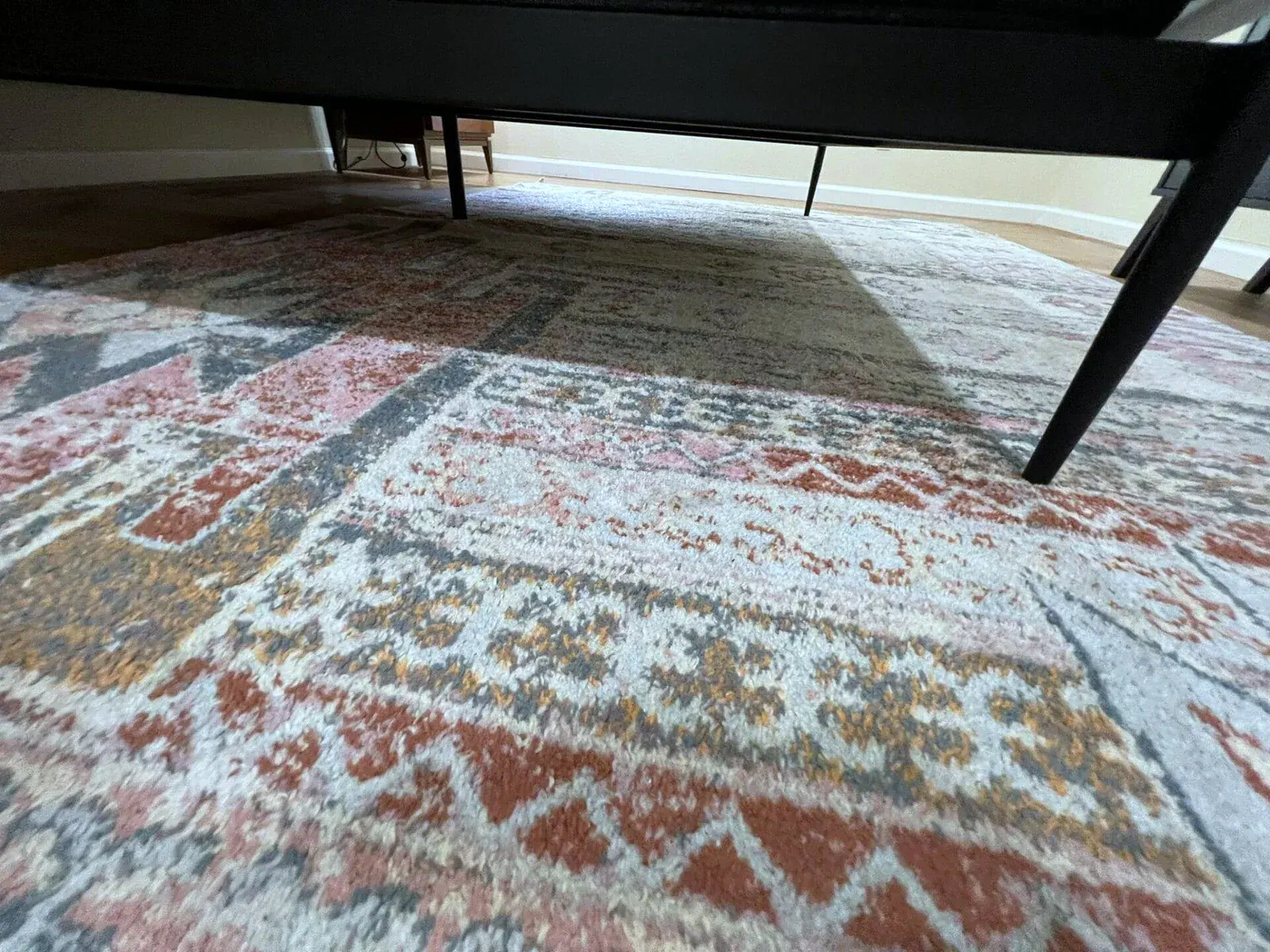 Area rug showing a visible line between a dull, dirty section and a professionally cleaned, vividly colored section.