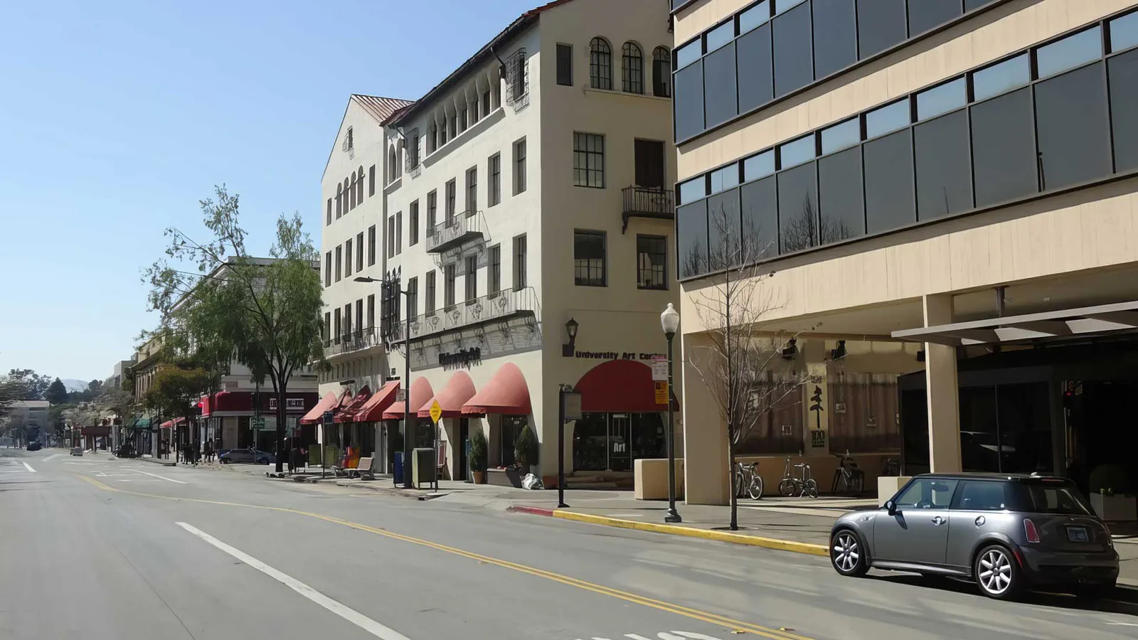 Historic storefronts and awnings along University Avenue in downtown Palo Alto.