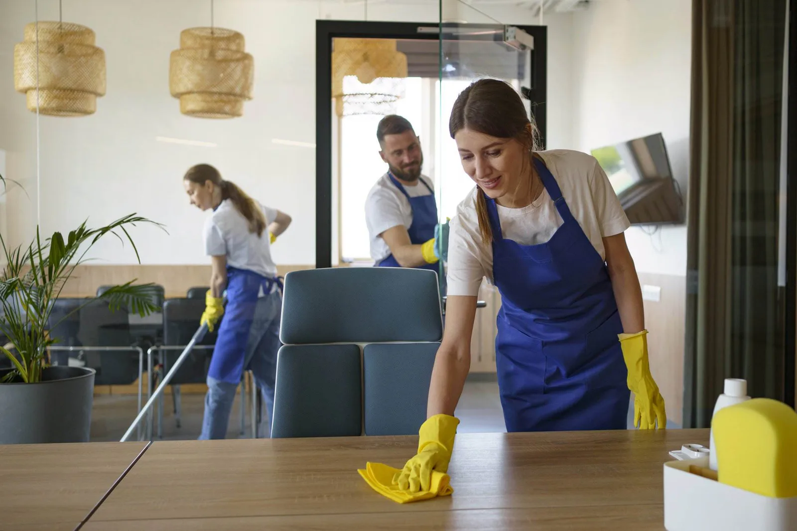 Three cleaners in blue aprons wiping an office table, mopping, and cleaning a glass door.