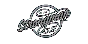 Strongman Inc Real Estate Services logo in a gray script and stamp-style badge design.