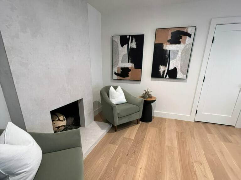 Living room, chairs, fireplace.