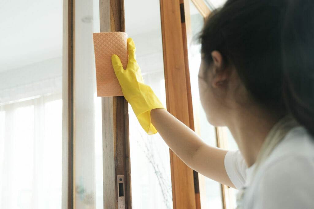 Woman, gloves, window.