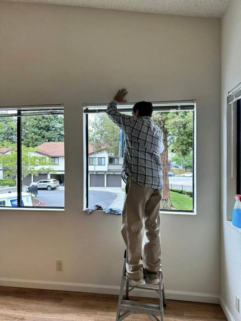 man, ladder, painting, window, room