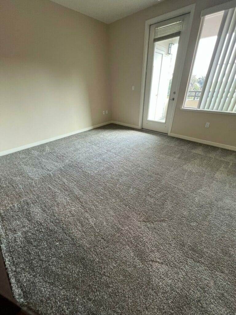 Keywords: empty, living room, carpet, sliding door. 

Modified description: A clean and empty living room with carpet and a sliding door.