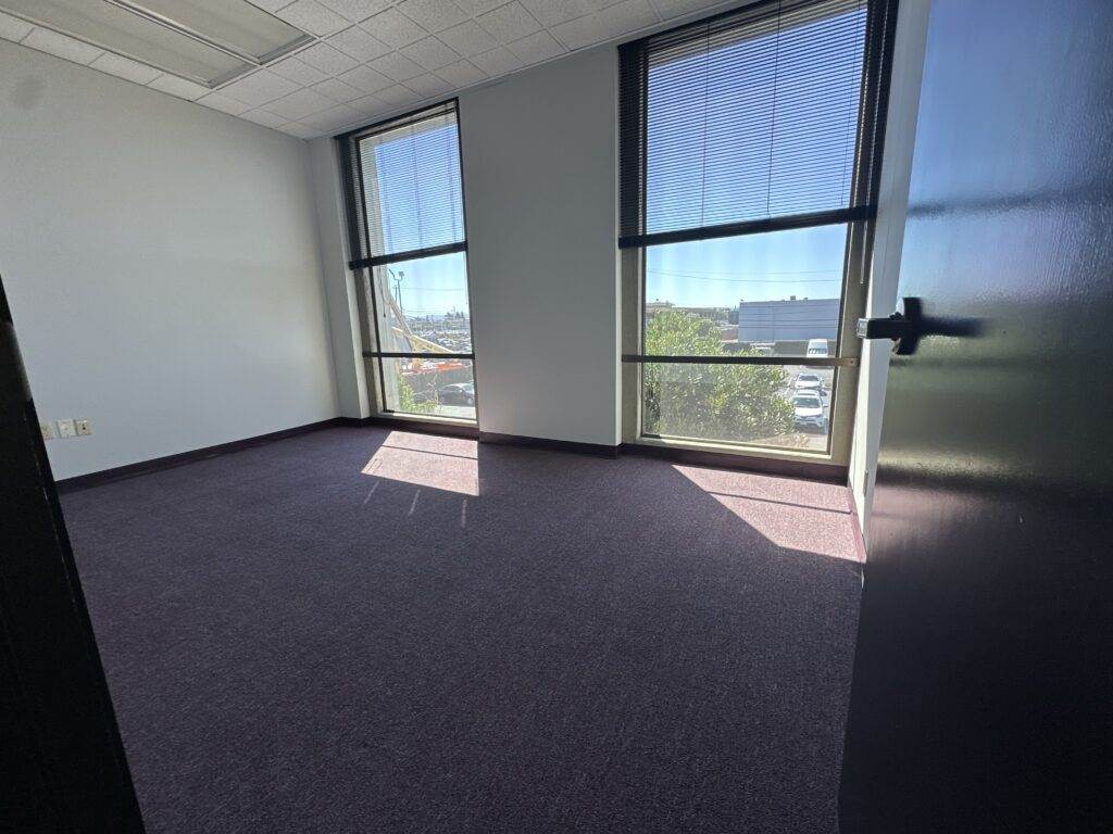 Empty office room with sunlight streaming through windows and a view of the outside environment.