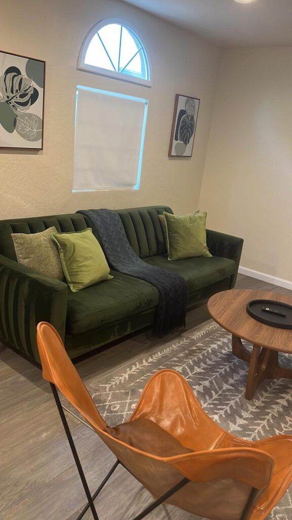 A modern living room featuring a green velvet sofa with lime pillows, an abstract rug, a wooden coffee table, and a tan leather chair. Artwork hangs above the sofa. Cupertino professional cleaning services ensure