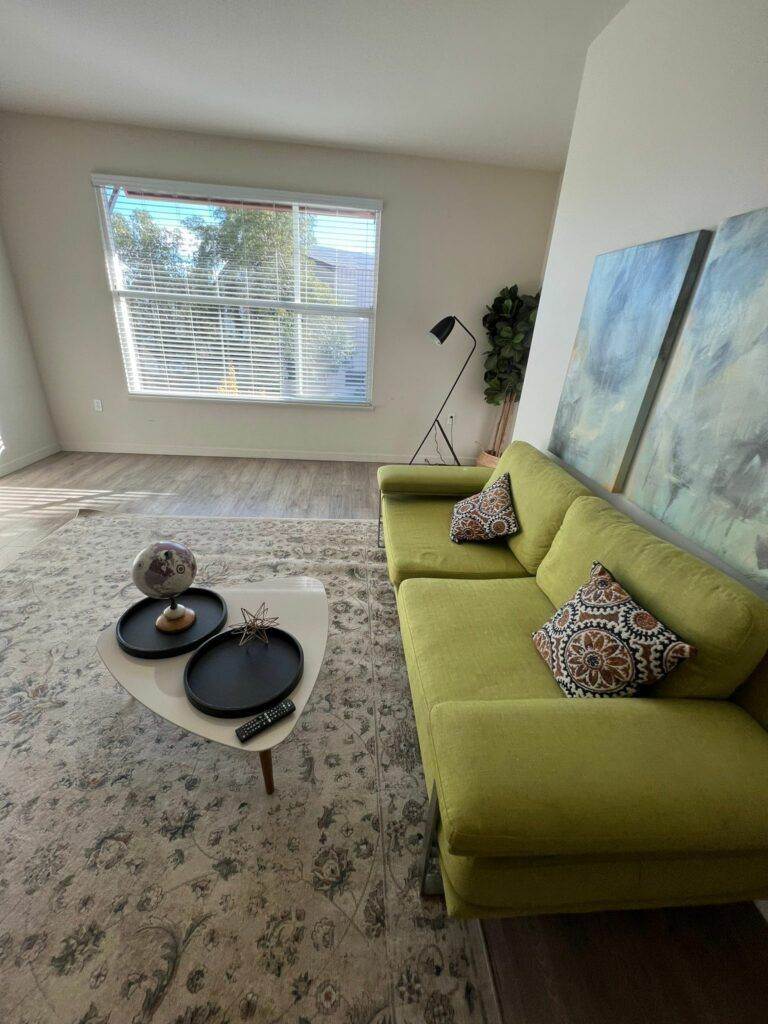 Bright modern living room with a large window, green sofa refreshed by Fremont Upholstery Cleaning, patterned cushions, a round coffee table, rug, and abstract art on the wall.