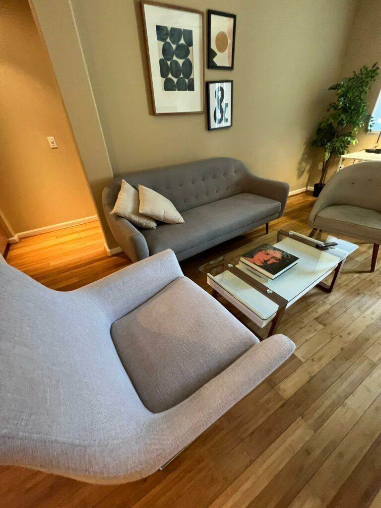 A cozy living room featuring a gray sofa with professional upholstery care, a light gray armchair, a glass coffee table with books, and wall art above the sofa.