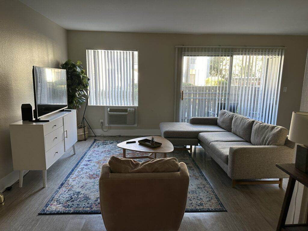 A well-lit living room with a modern sofa, an armchair, a coffee table, and a television on a white stand, featuring large windows with blinds and a small indoor plant that has undergone