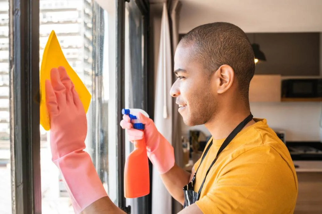 A person wearing pink gloves and using a yellow cloth along with a spray bottle cleans a window in a modern apartment, showcasing the precision and quality typical of Post-Construction Cleaning by Master Clean.