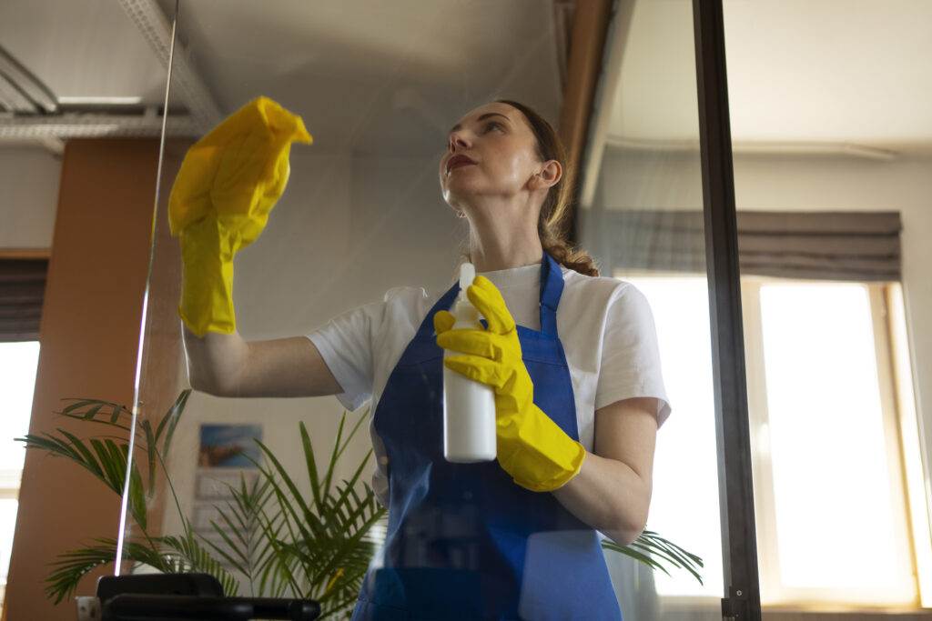 A woman wearing yellow gloves and a blue apron is deep cleaning a glass surface with a spray bottle and cloth, bringing the shine back to San Jose homes.