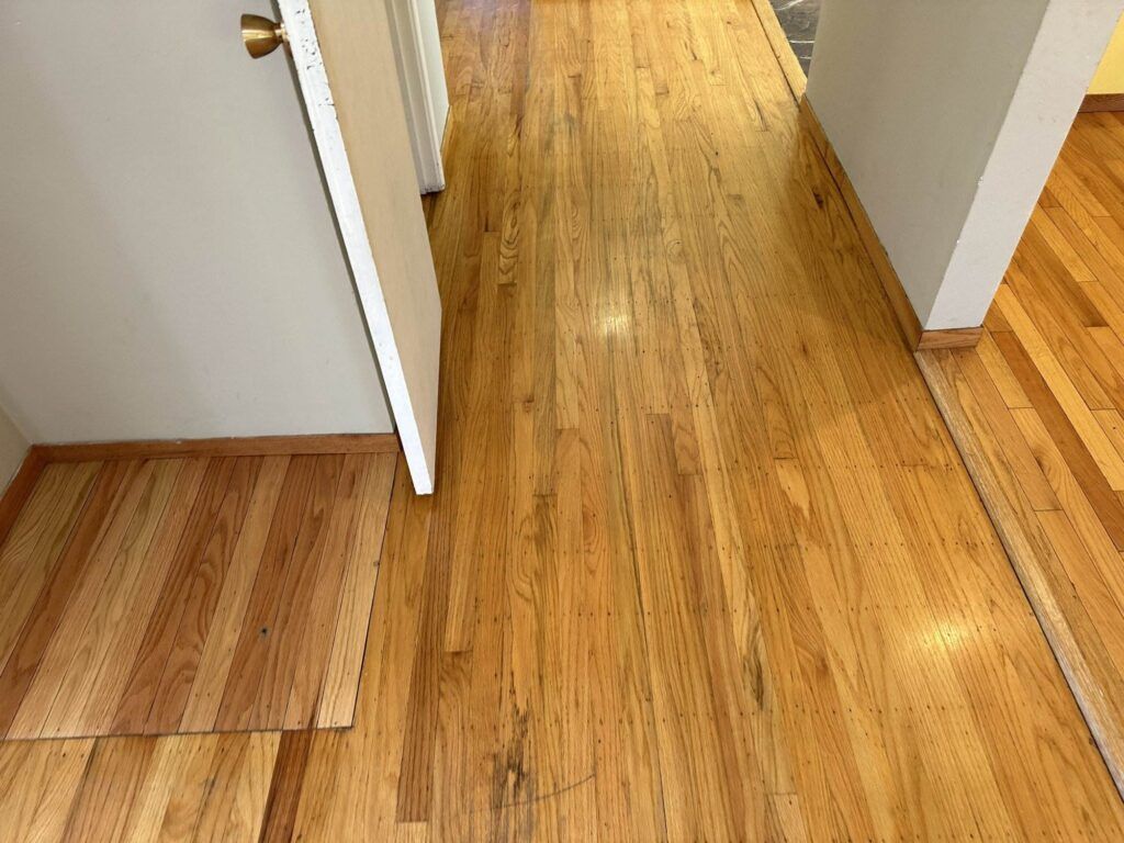 A hallway with light wood flooring, partially covered by an open door on the left side, leading to a slightly darker area in the background.