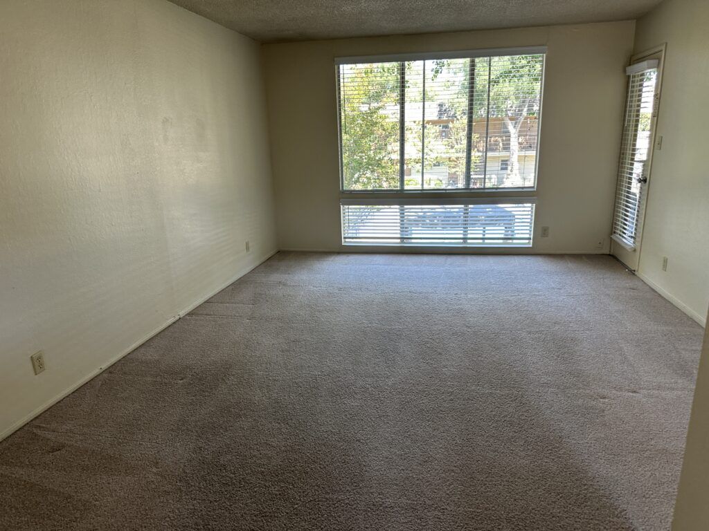 An empty room with beige carpet, white walls, and large windows with blinds allowing natural light in.