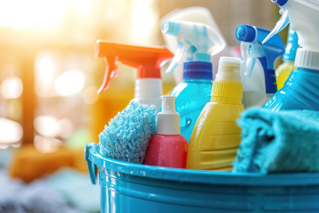 A blue bucket filled with various cleaning supplies, including spray bottles, sponges, and cloths, is shown. The background is brightly lit by sunlight. Tailored Cleaning Services from Santa Clara Home ensure every corner sparkles.