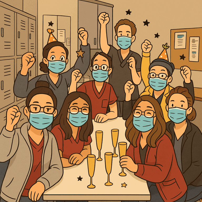 A group of eight people wearing masks and party hats raise their fists in celebration around a table with champagne glasses in a break room, honoring healthcare heroes with a toast for their dedication.