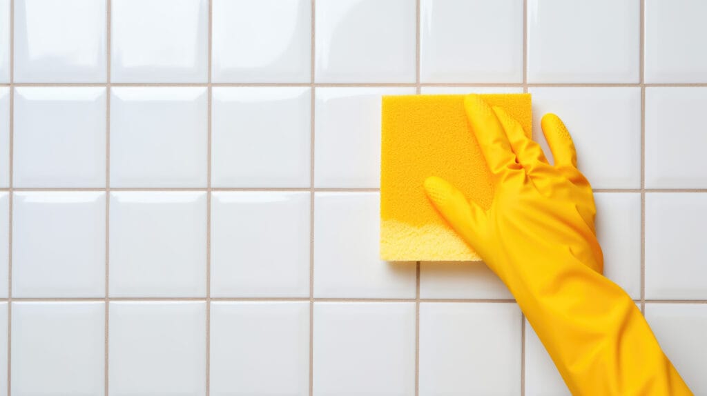 A person wearing a yellow glove is performing bathroom deep cleaning on a white tiled wall with a yellow sponge—perfect for real estate agents preparing homes in Santa Clara.