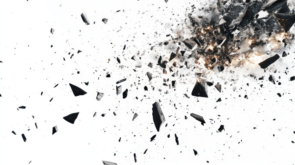 Shards of black glass and debris scatter in all directions against a white background, echoing the aftermath of a Saratoga post-construction cleaning project for homeowners.