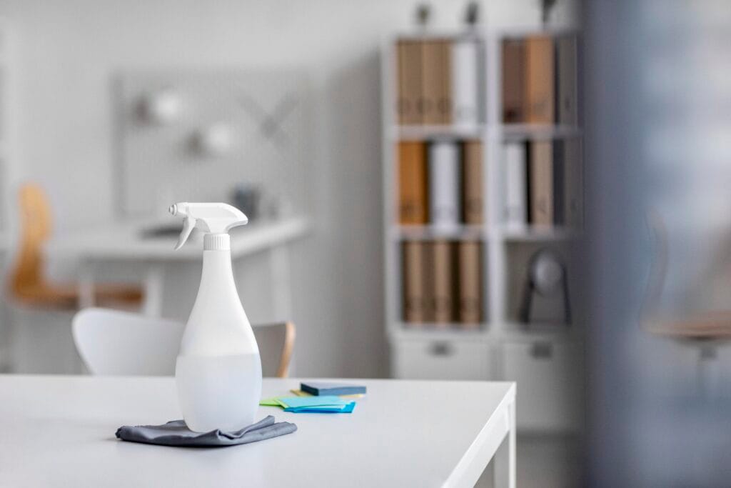 A white spray bottle rests on a gray cloth in an office setting in Cupertino, hinting at professional commercial cleaning and janitorial cleaning services, with shelves and office supplies visible in the background.