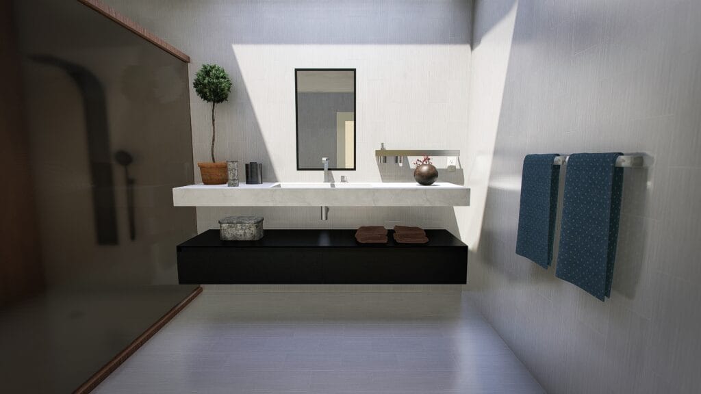 Modern Santa Clara bathroom with a floating sink, rectangular mirror, towels on a rack, potted plant, and neatly arranged accessories on the counter and shelf—perfect for real estate agents seeking spaces that shine after a bathroom deep cleaning.