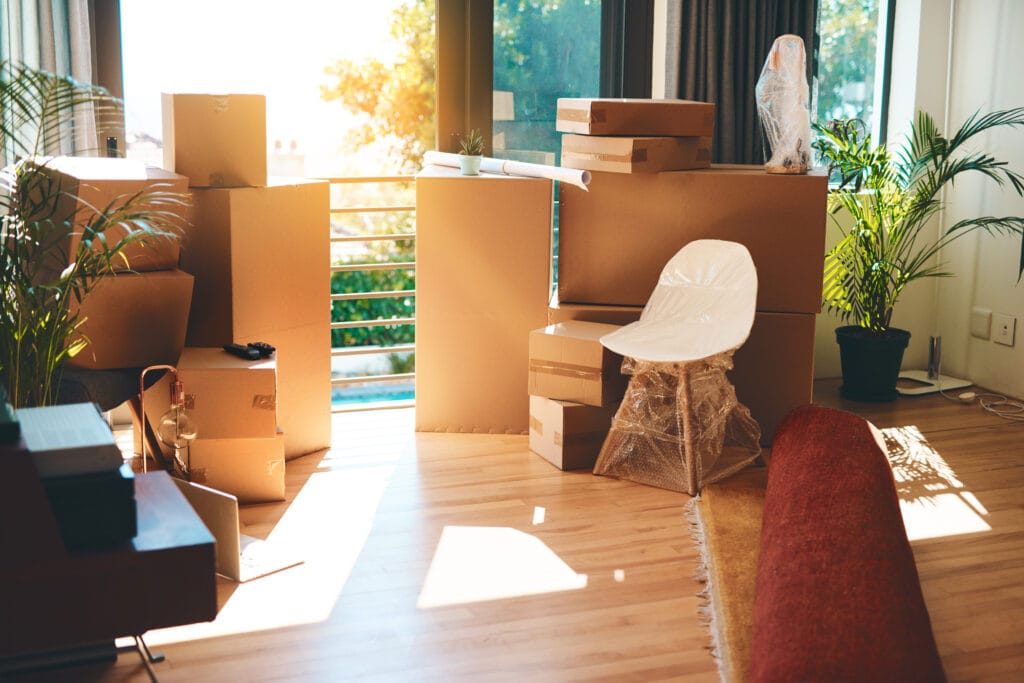 A sunlit room in Santa Clara County with stacked moving boxes, a wrapped chair, rolled-up carpet, and potted plants hints at a recent roommate move-out cleaning, while large windows overlook peaceful trees.