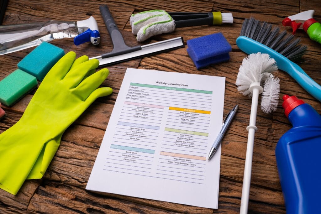 A weekly cleaning plan on paper is surrounded by move-out cleaning supplies, including gloves, sponges, a toilet brush, a broom, spray bottles, and a pen—perfect for property managers in Santa Clara County.