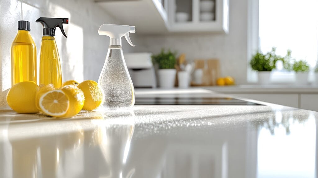 Three spray bottles and several lemons sit on a reflective kitchen countertop in a bright, sunlit kitchen—perfect inspiration for customized bathroom cleaning or real estate agents prepping homes in Saratoga. Plants thrive in the sunny background.