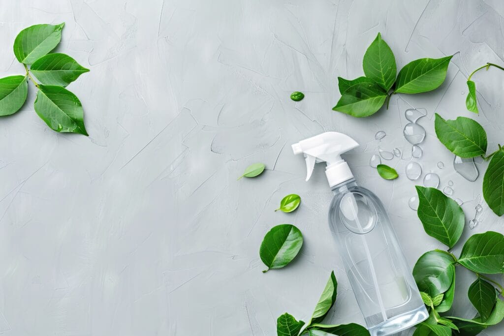 A clear spray bottle filled with liquid sits on a gray surface, surrounded by scattered green leaves and water droplets—perfect for showcasing Business Ready commercial post-construction cleaning in Saratoga.