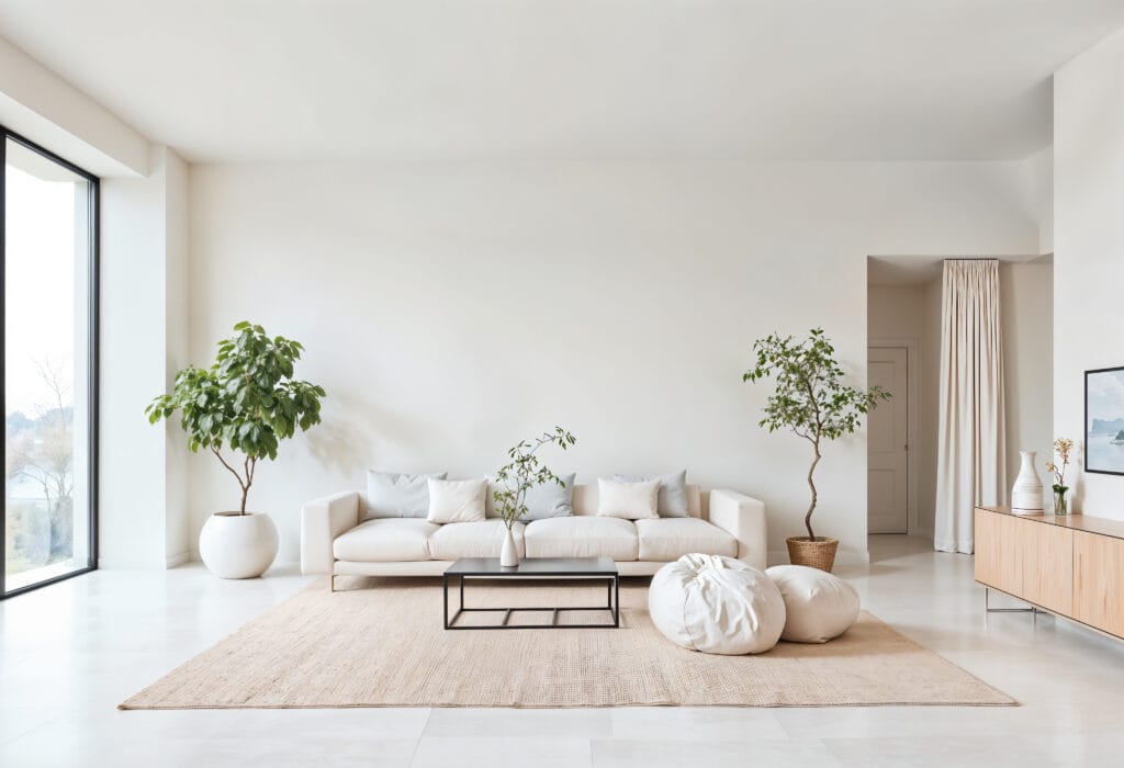 Minimalist living room with a white sofa, two potted plants, a light rug, two poufs, a glass coffee table, and a wooden sideboard in a bright, airy Saratoga home—perfect for homeowners seeking fresh spaces after post-construction cleaning.