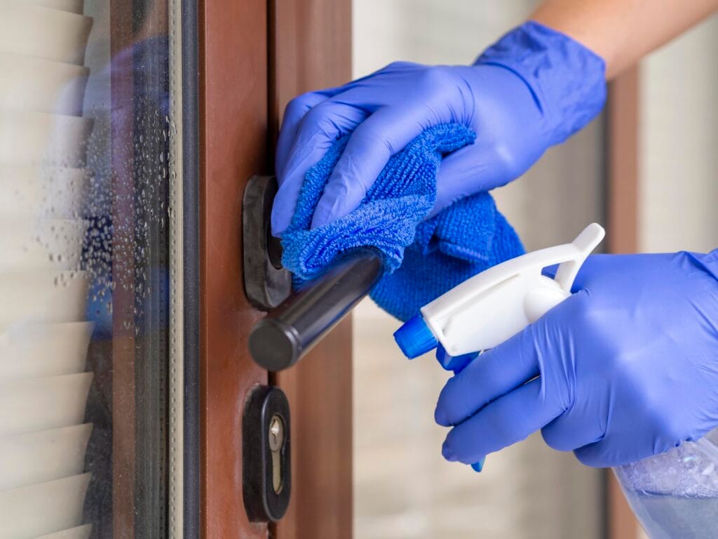 A person wearing blue gloves cleans a door handle with a blue cloth and a spray bottle, ensuring spotless results—perfect for Move-Out Cleaning services in Los Gatos trusted by Property Managers.