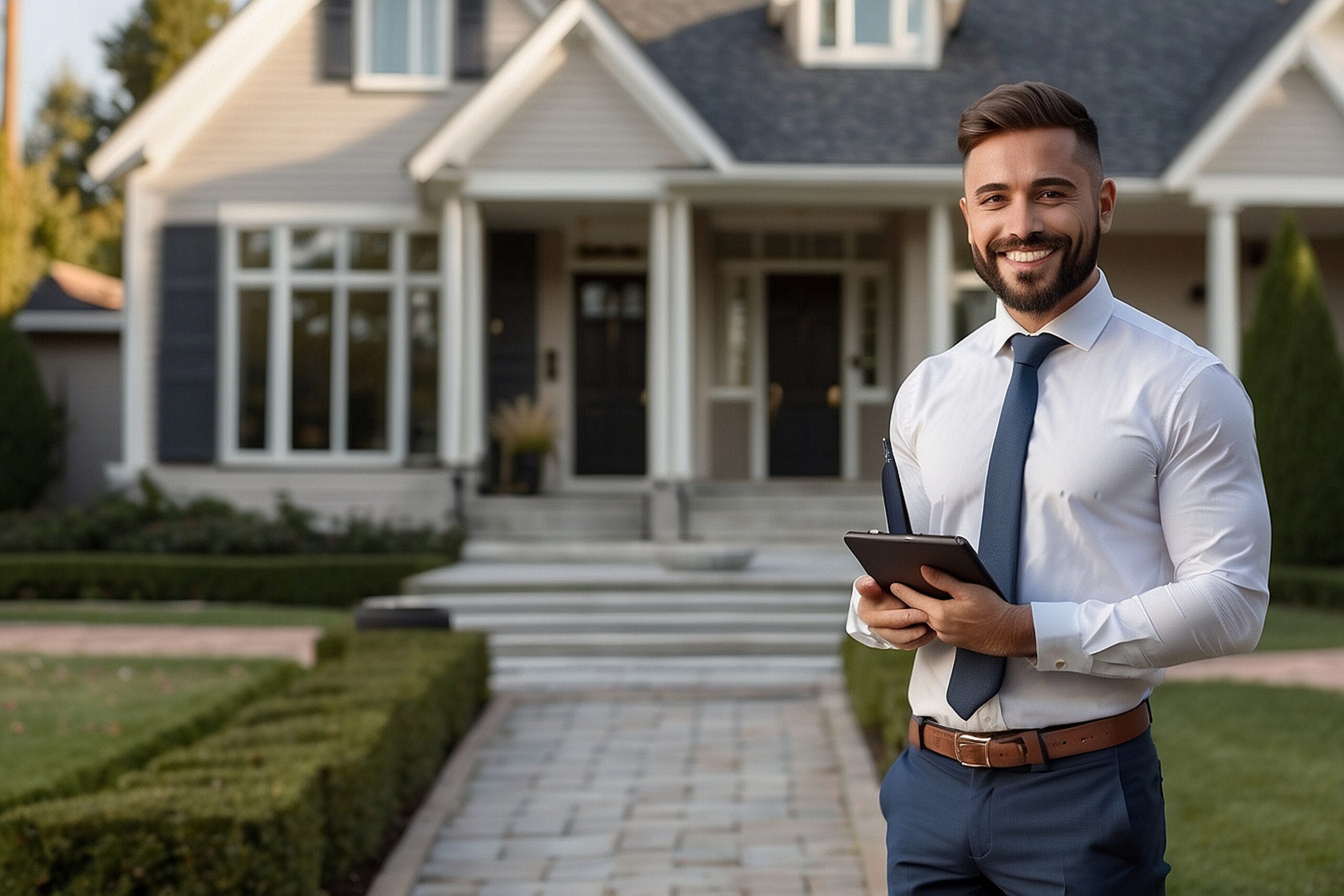 A man in business attire stands outside a modern house, holding a tablet and smiling at the camera—showcasing professional property managers who trust Cupertino Deep Cleaning Services.