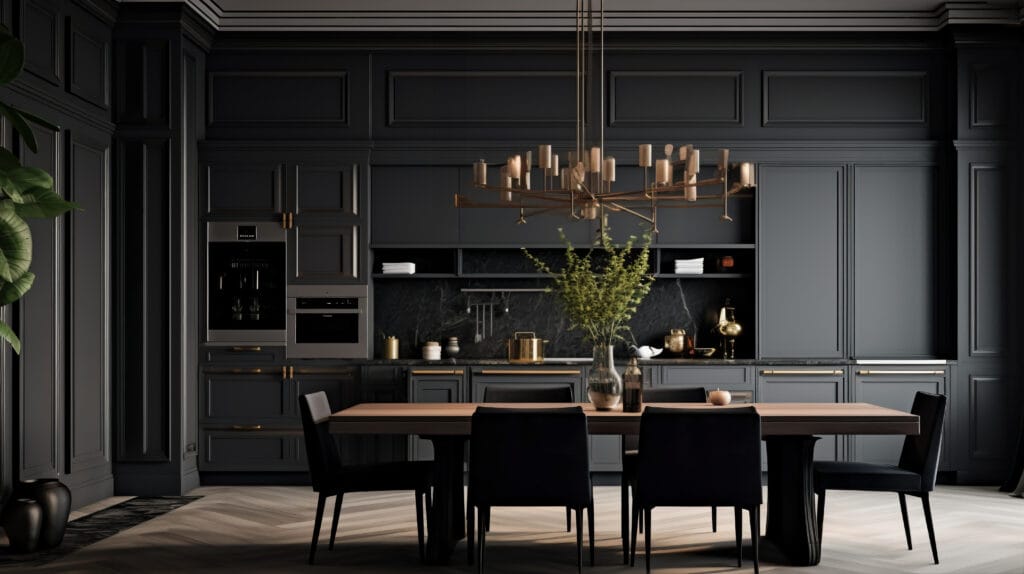 Modern kitchen and dining area in Los Gatos featuring dark cabinetry, gold accents, a wooden dining table with six black chairs, a decorative chandelier, and a vase with branches—perfect for real estate agents or roommate move-out cleaning showcase.