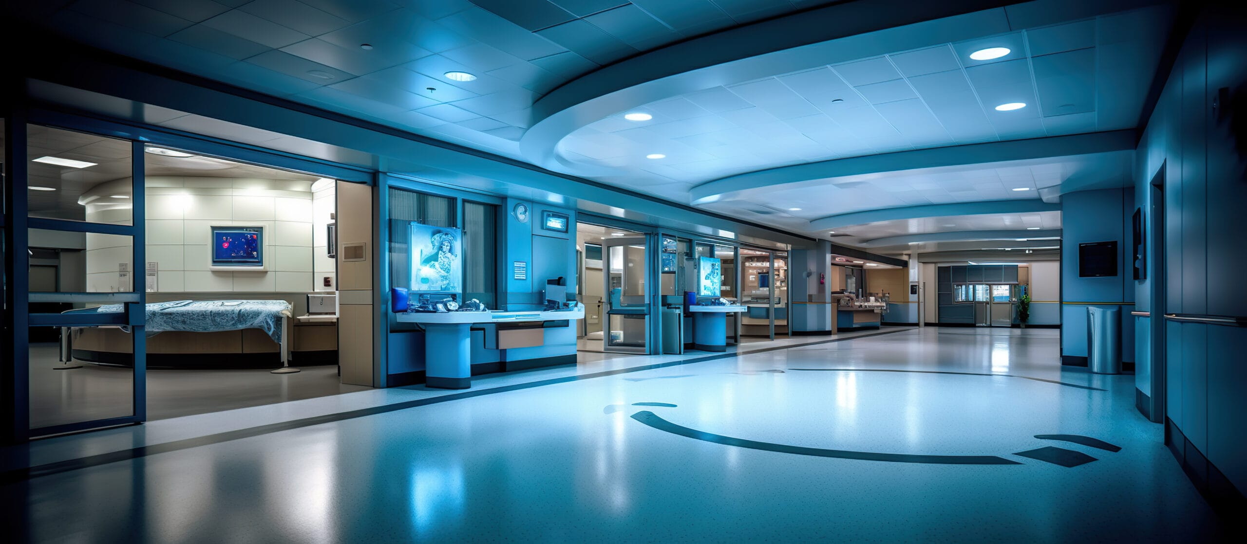 A clean, modern hospital corridor in San Jose with patient rooms visible, medical equipment present, and blue ambient lighting throughout—showcasing the results of expert post-construction cleaning.