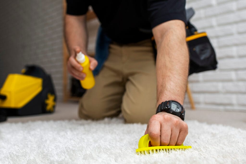 A person kneeling on a white carpet in Los Gatos uses a brush and spray bottle to clean a stain—perfect for move-out cleaning or property managers aiming to keep homes spotless. Dressed in tan pants, black shirt, and a wristwatch.
