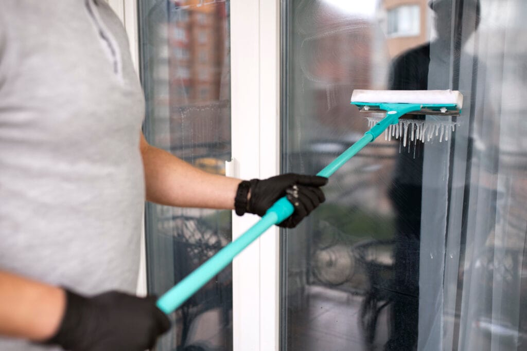A person wearing gloves cleans a glass window with a squeegee that has icicles hanging from it; buildings are seen in the reflection—perfect for Los Gatos property managers needing thorough move-out cleaning.
