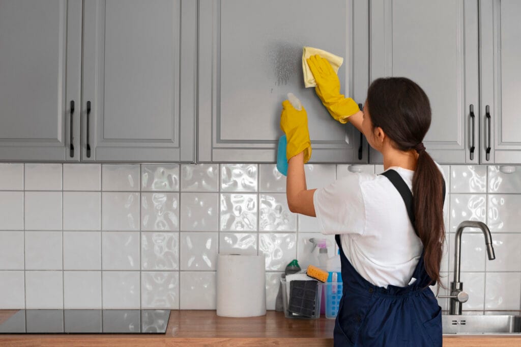 A person wearing yellow gloves cleans a gray kitchen cabinet with a cloth and spray bottle. Cleaning supplies are visible on the countertop below, showcasing deep cleaning services perfect for homeowners in need of a Los Gatos deep cleaning.