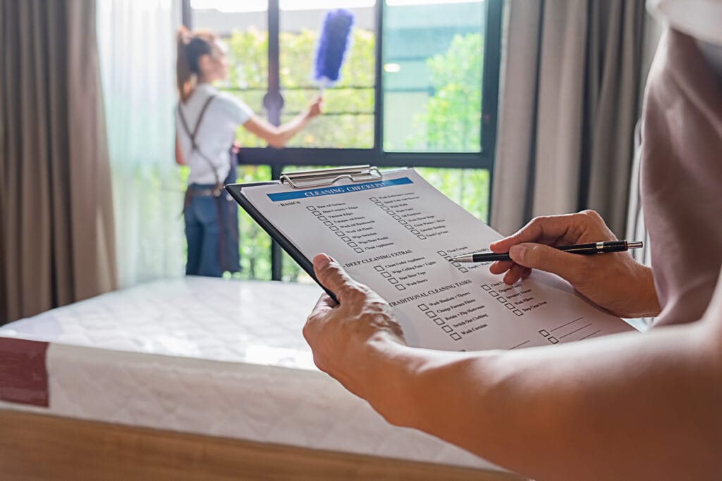 A person holds a cleaning checklist on a clipboard while another cleans a window in a bright room with open curtains—perfect for Move-Out Cleaning Cupertino and ensuring a Spotless Exit for Real Estate Agents.