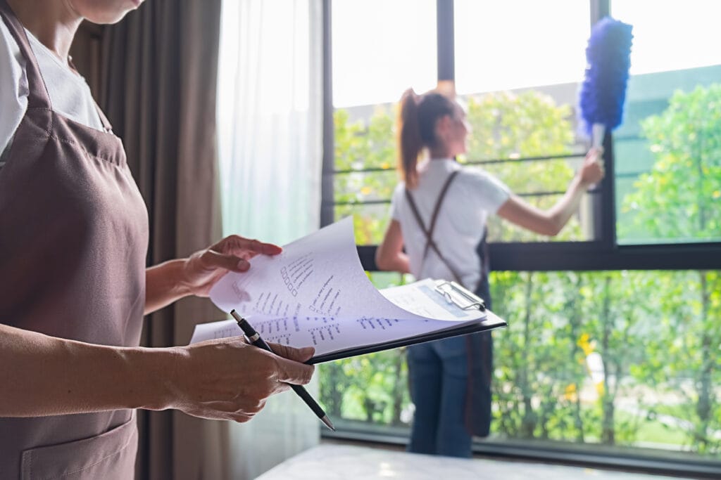 A Campbell homeowner holds a checklist and pen in the foreground while another person focuses on partial renovation cleaning, dusting a window in the background.