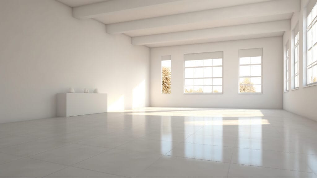 A spacious, empty white room in San Jose with large windows, tiled floor, exposed ceiling beams, and a small white shelf holding vases. Sunlight streams in—ideal for real estate agents or perfect after a roommate move-out cleaning.