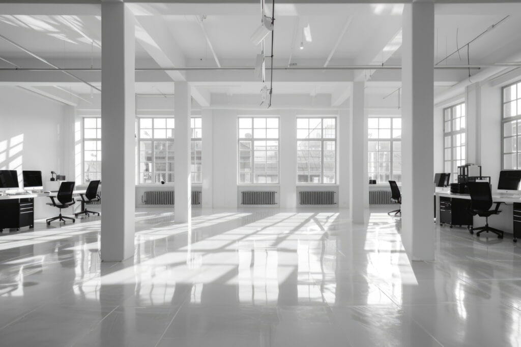 A spacious, modern office in Cupertino with large windows, white walls, and several desks arranged in an open-plan layout—ideal for professional teams and easy to maintain with regular commercial cleaning.