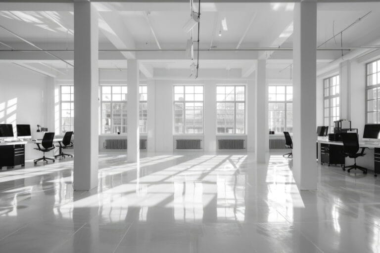 A spacious, modern office in Cupertino with large windows, white walls, and several desks arranged in an open-plan layout—ideal for professional teams and easy to maintain with regular commercial cleaning.