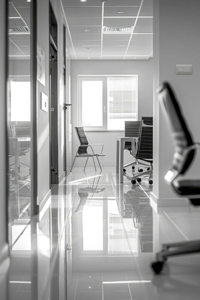 A modern Cupertino office corridor with glass walls, empty chairs, desks, and bright light streaming through spotless windows after a professional janitorial cleaning.