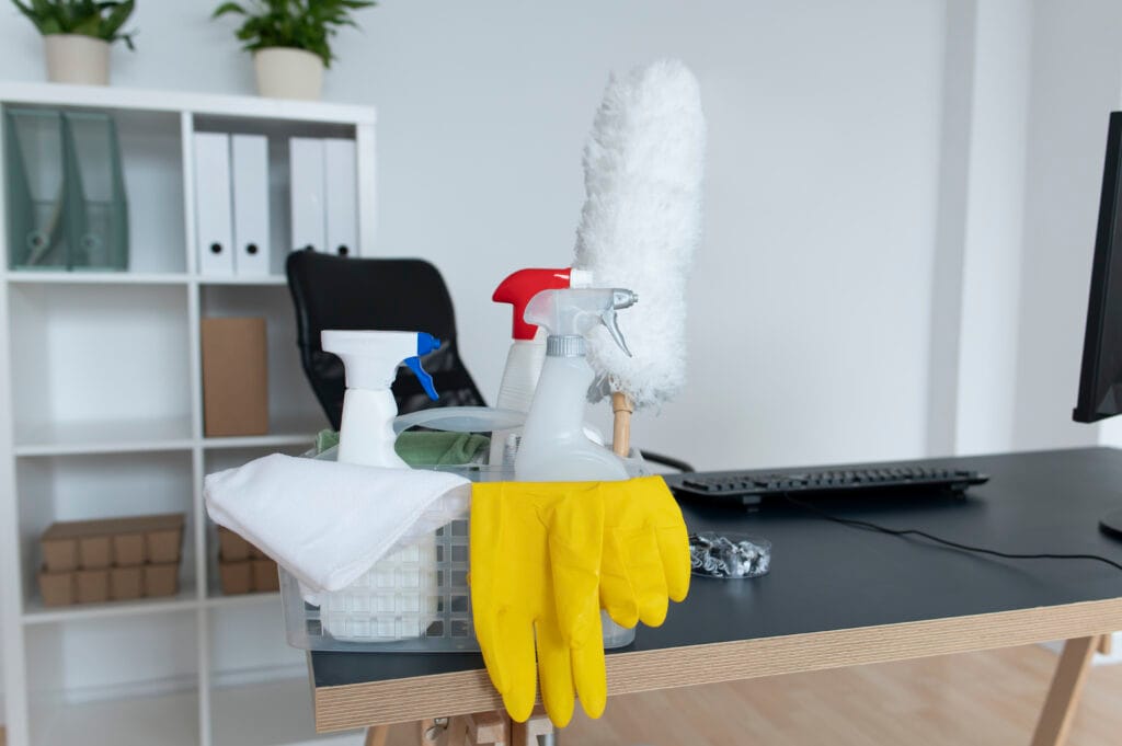 A basket with cleaning supplies, gloves, and a duster sits on a desk in a modern office, showcasing how Builders keep spaces Jobsite Ready with Final Cleaning Campbell. Shelves and plants create a fresh background.