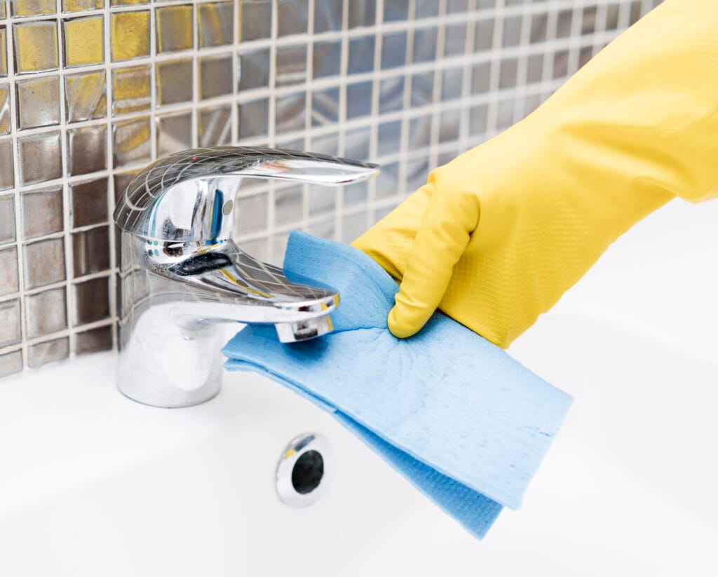 A person wearing a yellow rubber glove cleans a chrome bathroom faucet with a blue cloth in front of a tiled wall—perfect for Move-Out Cleaning services trusted by Property Managers in Los Gatos.