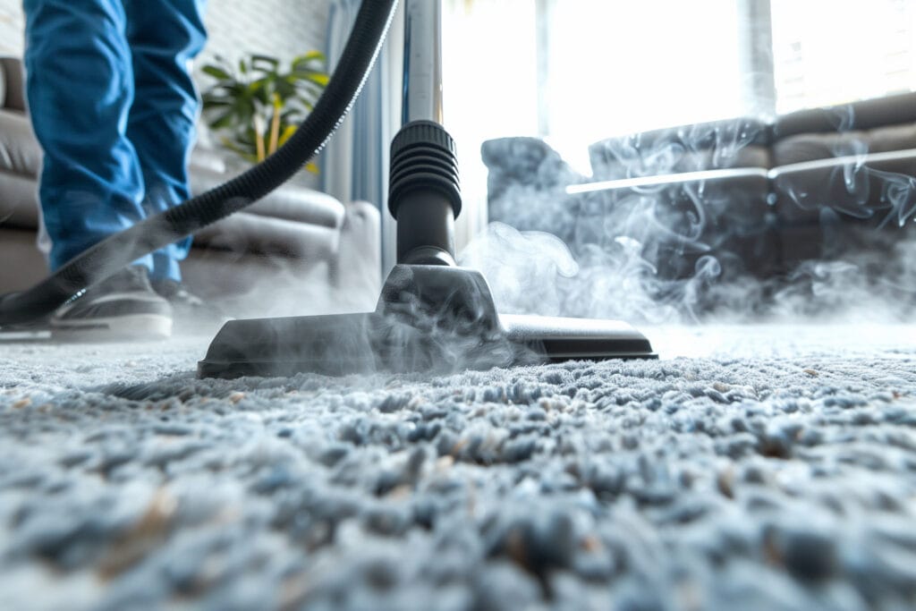 A person uses a steam cleaner on a carpet in a Santa Clara living room, with visible steam rising from the nozzle—perfect for post-renovation or remodel cleaning.