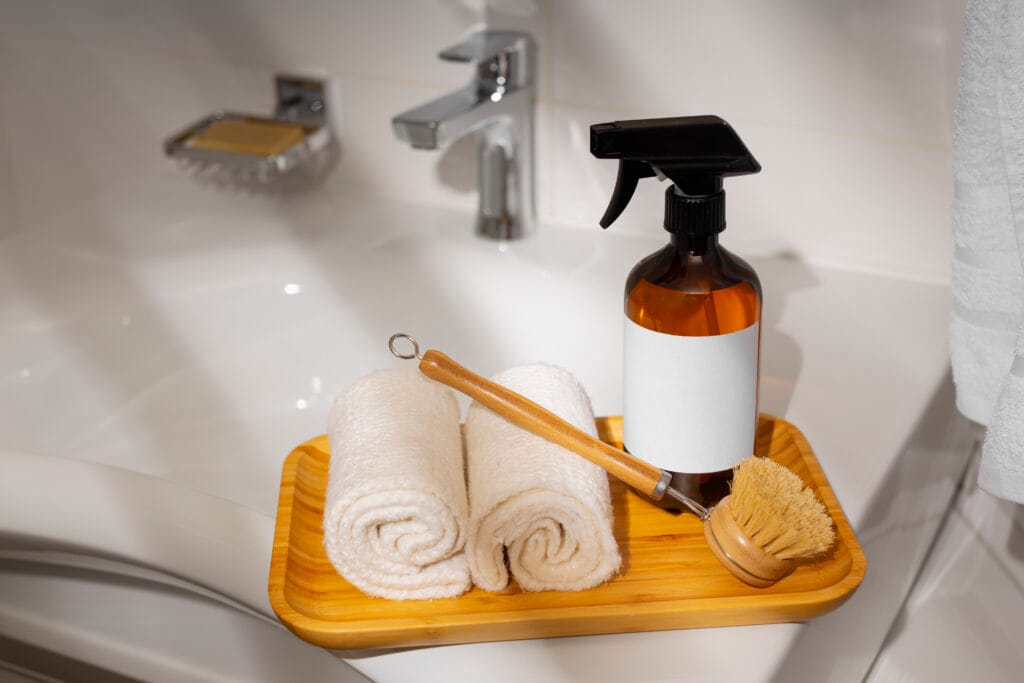 A tray on a bathtub in Los Gatos holds two rolled white towels, a wooden bath brush, a loop tool, and a customized brown spray bottle with a blank label.