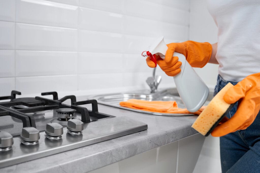 Person wearing orange gloves holding a spray bottle and sponge, performing post-renovation remodel cleaning on a kitchen counter near the sink and gas stove in San Jose.
